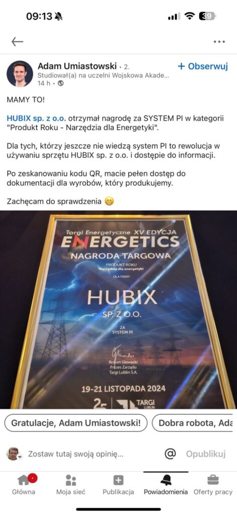 nagroda roku w kategorii narzędzia dla energetyki dla firmy hubix za rozwiązanie PI firmy Invinets