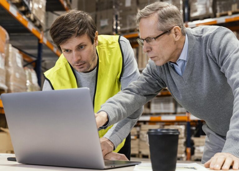 Dwóch Panów przy laptopie którzy się zastanawiają czym kierować się przy wyborze systemu pomiarowego do centrum logistycznego