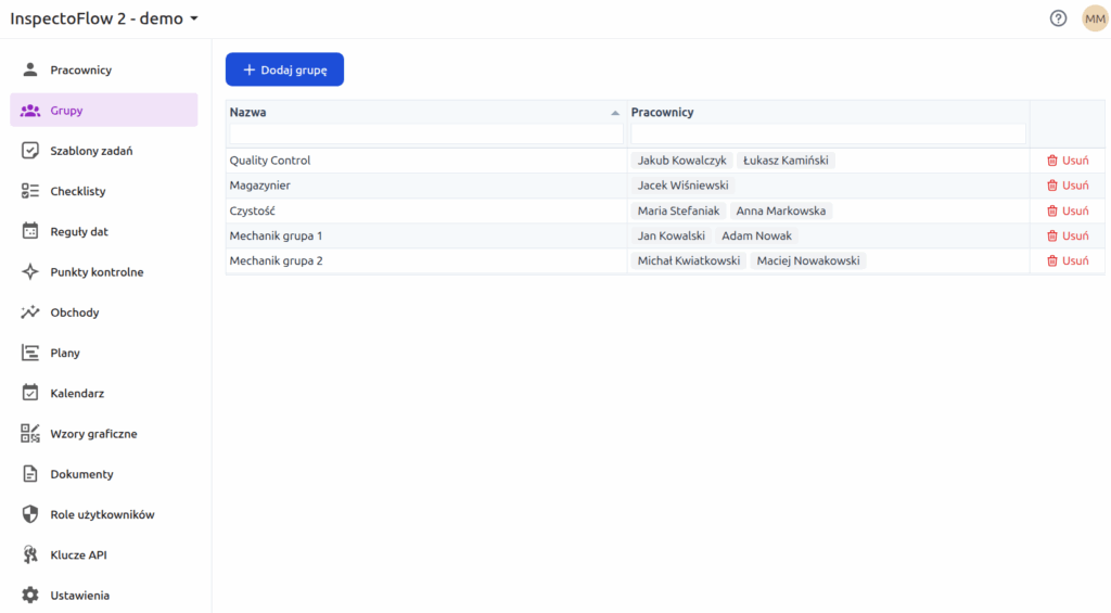 Grupy pracowników w InspectoFlow 2