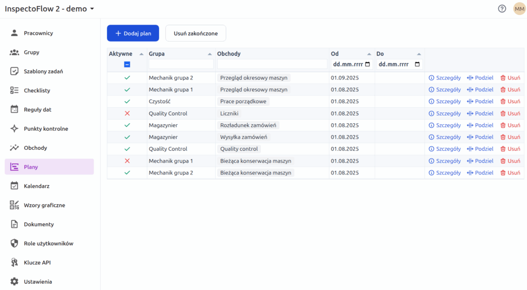 Plany w InspectoFlow 2